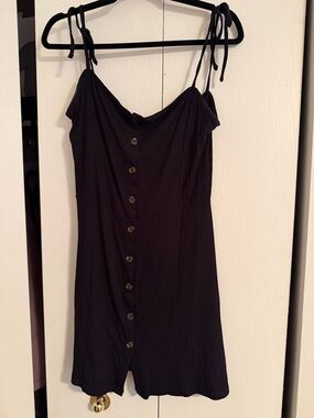 Topshop Black Ribbed Button-Front Tie-Shoulder Mini Dress